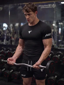 Gym Rark Men's Geometric Print Raglan Short Sleeve T-Shirt And Drawstring Waist Shorts,Black Summer Athleisure Gym Running Workout Set,Lightweight Sports Suit - Black - View 6