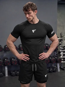 Gym Rark Men's Geometric Print Raglan Short Sleeve T-Shirt And Drawstring Waist Shorts,Black Summer Athleisure Gym Running Workout Set,Lightweight Sports Suit - Black - View 1
