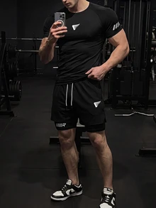 Gym Rark Men's Geometric Print Raglan Short Sleeve T-Shirt And Drawstring Waist Shorts,Black Summer Athleisure Gym Running Workout Set,Lightweight Sports Suit - Black - View 3