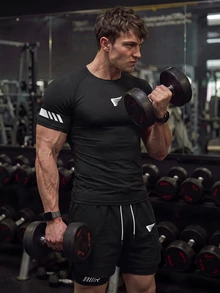 Gym Rark Men's Geometric Print Raglan Short Sleeve T-Shirt And Drawstring Waist Shorts,Black Summer Athleisure Gym Running Workout Set,Lightweight Sports Suit - Black - View 7