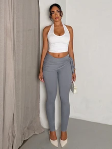 Glamine Wrap-Around Tie Waist Grey Flared Leg Low-Waist Slimming Bodycon Versatile Casual Sports Long Pants - Grey - View 5