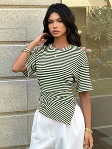 Aloruh 女款休閒法式百搭綠白條紋T恤，夏季圓領收腰不對稱設計早午餐風 - 軍綠色 - 查看 3