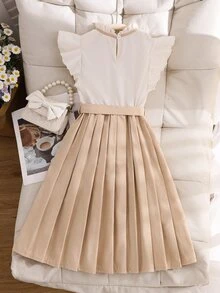 Tween Girls Ruched Girls' Elegant Versatile Khaki Short Sleeve Mini Dress, Casual, Graduation, Outfit - Khaki - View 2