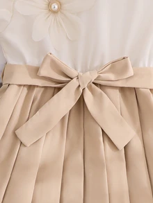 Tween Girls Ruched Girls' Elegant Versatile Khaki Short Sleeve Mini Dress, Casual, Graduation, Outfit - Khaki - View 4