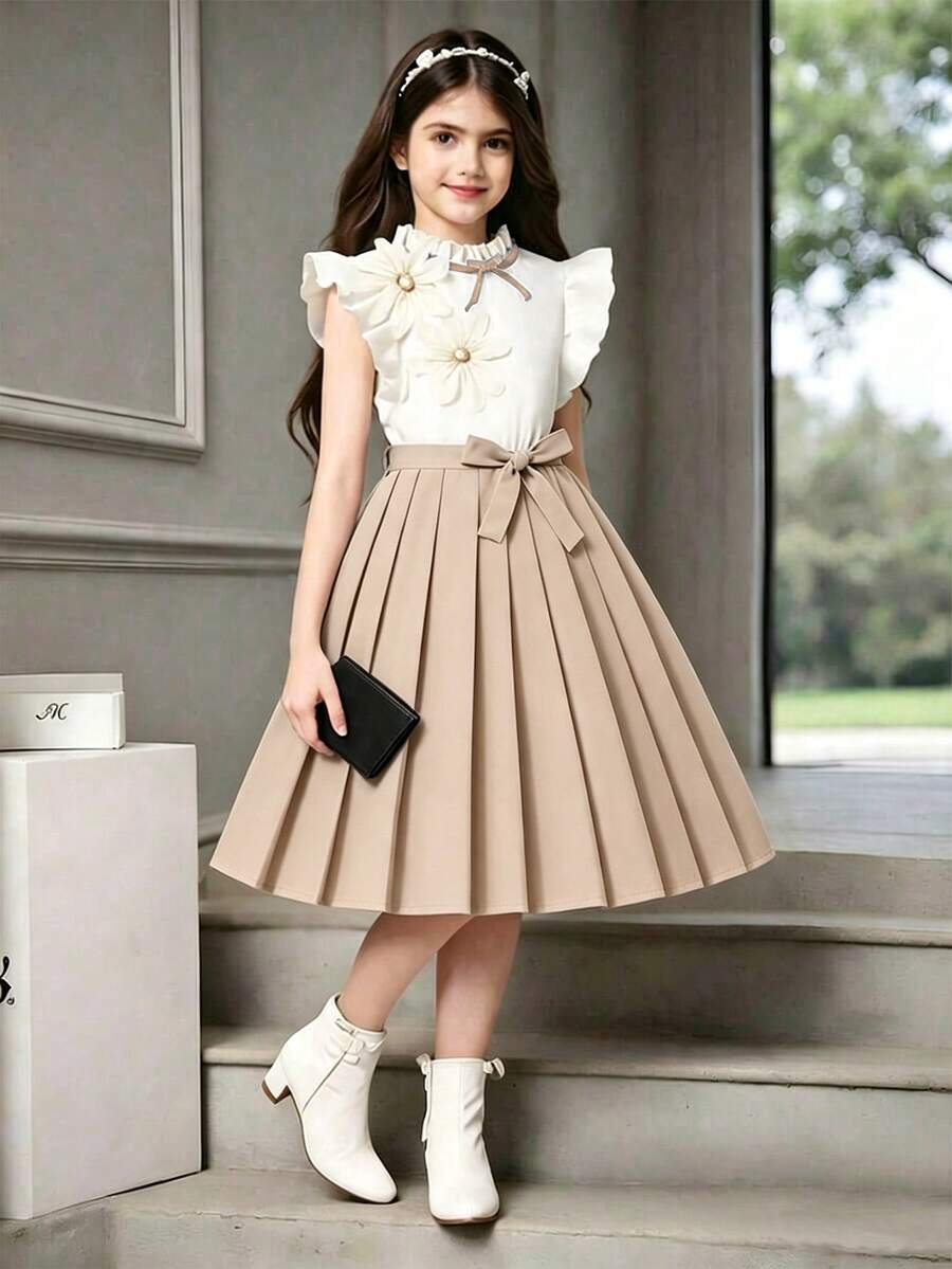 Tween Girls Ruched Girls' Elegant Versatile Khaki Short Sleeve Mini Dress, Casual, Graduation, Outfit - Khaki - View 1