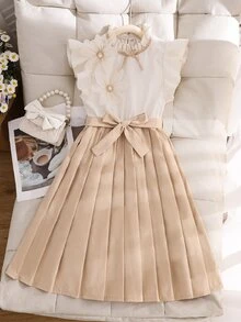 Tween Girls Ruched Girls' Elegant Versatile Khaki Short Sleeve Mini Dress, Casual, Graduation, Outfit - Khaki - View 5