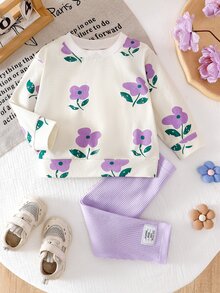 SHEIN 2pcs/Set Baby Girl Spring Autumn Long Sleeve Outfit, Soft Off-White Blue Top With All-Over Floral Print, Round Neck, Ribbed Leggings, Comfortable Cute - Purple - View 1