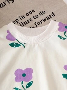 SHEIN 2pcs/Set Baby Girl Spring Autumn Long Sleeve Outfit, Soft Off-White Blue Top With All-Over Floral Print, Round Neck, Ribbed Leggings, Comfortable Cute - Purple - View 3