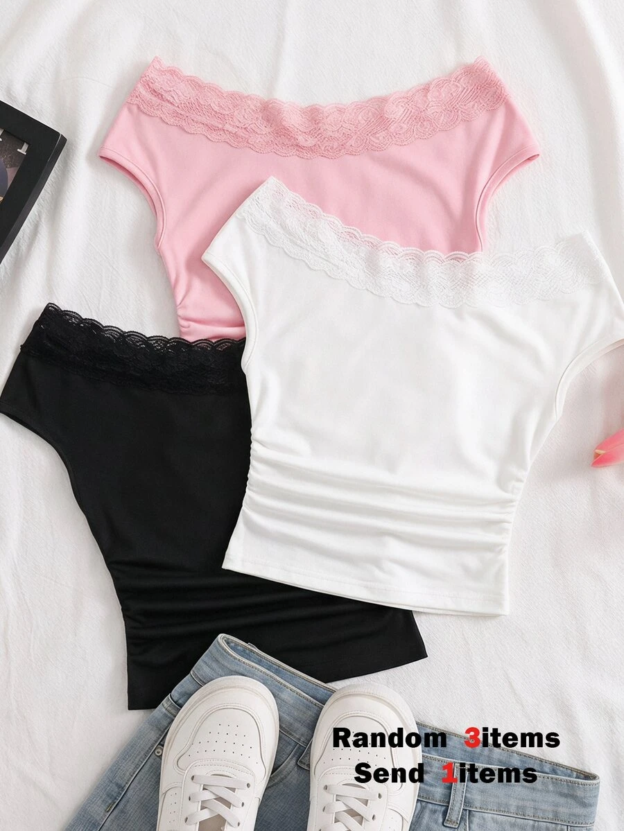 SHEIN Tween Girls Minimalist Off-Shoulder T-Shirt For Girls, Elegant Off-Shoulder Design, Stretchy, Slim, Fitted, Ruched, Cropped - Black - View 1