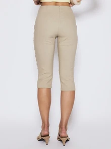 MUSERA Beige Stripe Ruched Side Capri Pant Cute Daily Casual Everyday Coolgirl Undone Vacation Beach Summer - Khaki - View 4