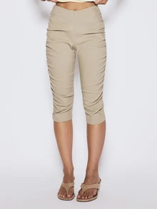 MUSERA Beige Stripe Ruched Side Capri Pant Cute Daily Casual Everyday Coolgirl Undone Vacation Beach Summer - Khaki - View 2
