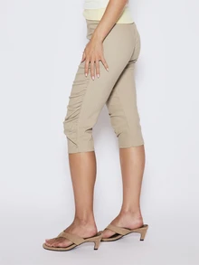 MUSERA Beige Stripe Ruched Side Capri Pant Cute Daily Casual Everyday Coolgirl Undone Vacation Beach Summer - Khaki - View 3