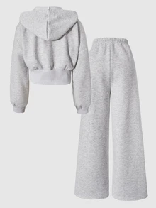 SHEIN 青少年女孩秋季套裝 2件/組 花卉灰色連帽拉鍊開襟衫、寬鬆長褲，秋季休閒街頭風，適合假期正式場合與海灘派對 - 灰色 - 查看 2