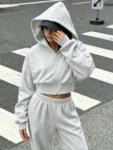 SHEIN 青少年女孩秋季套裝 2件/組 花卉灰色連帽拉鍊開襟衫、寬鬆長褲，秋季休閒街頭風，適合假期正式場合與海灘派對 - 灰色 - 查看 7
