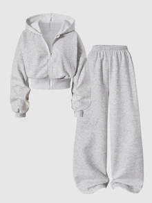 SHEIN 青少年女孩秋季套裝 2件/組 花卉灰色連帽拉鍊開襟衫、寬鬆長褲，秋季休閒街頭風，適合假期正式場合與海灘派對 - 灰色 - 查看 8