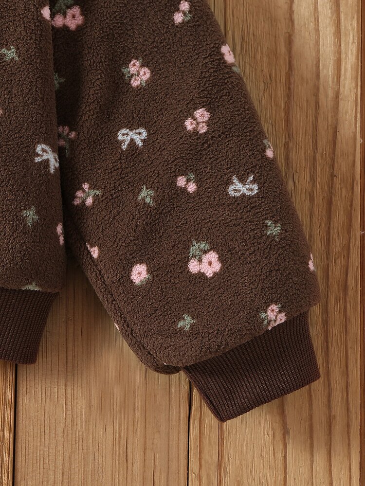 Young Girls Sweet Vintage Floral Fuzzy Zip-Up Jacket, Suitable For Daily Casual Outings, Spring/Autumn/Winter - Brown - View 5