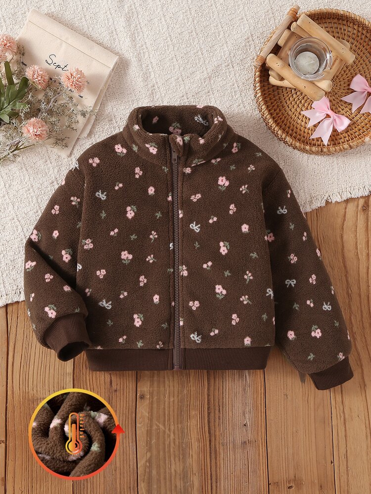 Young Girls Sweet Vintage Floral Fuzzy Zip-Up Jacket, Suitable For Daily Casual Outings, Spring/Autumn/Winter - Brown - View 4