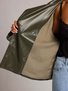 SHEIN BAE Women's Solid Color PU Leather Double-Breasted Fashion Trench Coat - Green - View 8