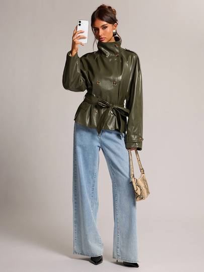 SHEIN BAE Women's Solid Color PU Leather Double-Breasted Fashion Trench Coat