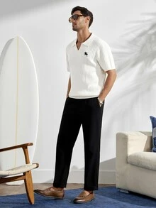 VeloEdit Men's Off-White Mature Style Short Sleeve Polo Sweater, Vertical Striped Knit With EmbroideryFall Winter - White - View 7