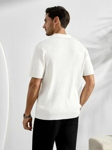 VeloEdit Men's Off-White Mature Style Short Sleeve Polo Sweater, Vertical Striped Knit With EmbroideryFall Winter - White - View 3