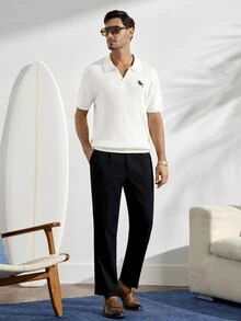 VeloEdit Men's Off-White Mature Style Short Sleeve Polo Sweater, Vertical Striped Knit With EmbroideryFall Winter - White - View 2