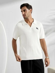VeloEdit Men's Off-White Mature Style Short Sleeve Polo Sweater, Vertical Striped Knit With EmbroideryFall Winter - White - View 5