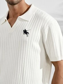 VeloEdit Men's Off-White Mature Style Short Sleeve Polo Sweater, Vertical Striped Knit With EmbroideryFall Winter - White - View 6
