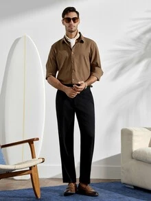 Men's Solid Color Single-Breasted Long Sleeve Shirt,Coffee Brown,Autumn,Smart Casual,Office,Teachers' Day Old Money Style Versatile Item For Ceremony - Coffee Brown - View 7