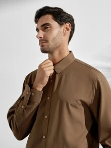 Men's Solid Color Single-Breasted Long Sleeve Shirt,Coffee Brown,Autumn,Smart Casual,Office,Teachers' Day Old Money Style Versatile Item For Ceremony - Coffee Brown - View 6