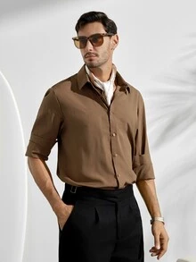 Men's Solid Color Single-Breasted Long Sleeve Shirt,Coffee Brown,Autumn,Smart Casual,Office,Teachers' Day Old Money Style Versatile Item For Ceremony - Coffee Brown - View 1