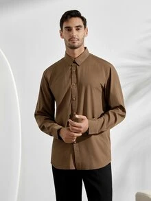 Men's Solid Color Single-Breasted Long Sleeve Shirt,Coffee Brown,Autumn,Smart Casual,Office,Teachers' Day Old Money Style Versatile Item For Ceremony - Coffee Brown - View 4