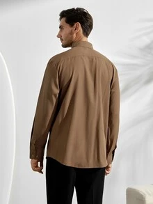 Men's Solid Color Single-Breasted Long Sleeve Shirt,Coffee Brown,Autumn,Smart Casual,Office,Teachers' Day Old Money Style Versatile Item For Ceremony - Coffee Brown - View 2