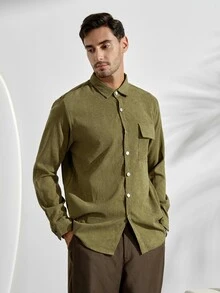 Men Corduroy Flap Pocket Button Up Shirt Army Green , For Fall Winter, Long Sleeve Top - Army Green - View 1