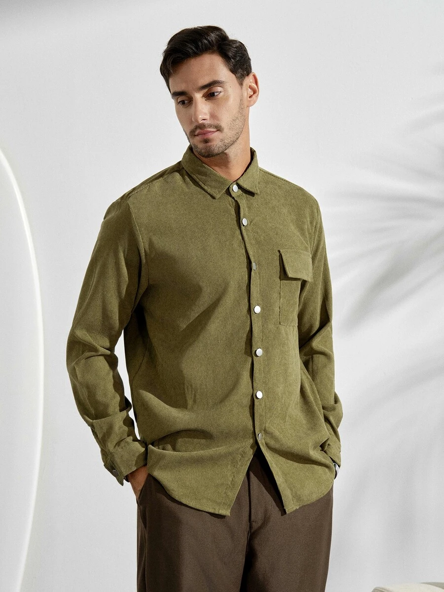 Men Corduroy Flap Pocket Button Up Shirt Army Green , For Fall Winter, Long Sleeve Top - Army Green - View 1