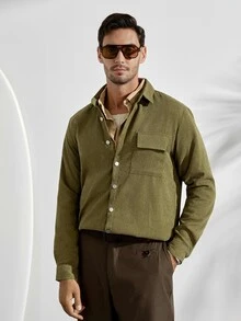 Men Corduroy Flap Pocket Button Up Shirt Army Green , For Fall Winter, Long Sleeve Top - Army Green - View 2