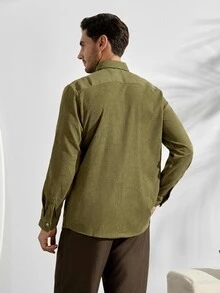 Men Corduroy Flap Pocket Button Up Shirt Army Green , For Fall Winter, Long Sleeve Top - Army Green - View 4