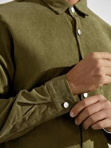 Men Corduroy Flap Pocket Button Up Shirt Army Green , For Fall Winter, Long Sleeve Top - Army Green - View 7