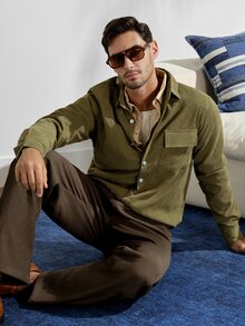 Men Corduroy Flap Pocket Button Up Shirt Army Green , For Fall Winter, Long Sleeve Top - Army Green - View 8