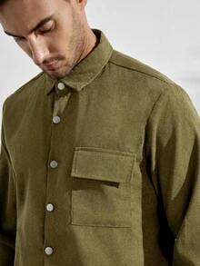 Men Corduroy Flap Pocket Button Up Shirt Army Green , For Fall Winter, Long Sleeve Top - Army Green - View 6