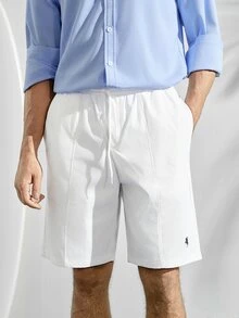 Men's All White Summer Casual Beach Shorts,Fine Twill Fabric Drawstring Elastic Waist,Embroidered Hem,Front Panel Patchwork,Classic Samurai Style - White - View 6
