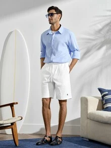Men's All White Summer Casual Beach Shorts,Fine Twill Fabric Drawstring Elastic Waist,Embroidered Hem,Front Panel Patchwork,Classic Samurai Style - White - View 2