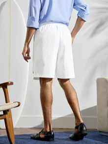 Men's All White Summer Casual Beach Shorts,Fine Twill Fabric Drawstring Elastic Waist,Embroidered Hem,Front Panel Patchwork,Classic Samurai Style - White - View 3