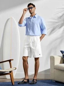 Men's All White Summer Casual Beach Shorts,Fine Twill Fabric Drawstring Elastic Waist,Embroidered Hem,Front Panel Patchwork,Classic Samurai Style - White - View 7
