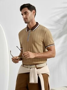 男士 Polo 衫，針織鉤編面料，拉鍊 Polo 衫，復古休閒 Polo 衫，老錢風對比領針織短袖 Polo 衫，男士麻花編織紋理半拉鍊設計，日常通勤，休閒百搭上衣，適合日常休閒、週末旅行、戶外活動、探險旅行、輕鬆工作環境或半正式場合，可用作男朋友/丈夫禮物、週年/生日禮物、派對、夏季度假、海灘穿著、夏威夷婚禮以及春夏穿著 - 米色 - 查看 1