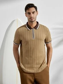 男士 Polo 衫，針織鉤編面料，拉鍊 Polo 衫，復古休閒 Polo 衫，老錢風對比領針織短袖 Polo 衫，男士麻花編織紋理半拉鍊設計，日常通勤，休閒百搭上衣，適合日常休閒、週末旅行、戶外活動、探險旅行、輕鬆工作環境或半正式場合，可用作男朋友/丈夫禮物、週年/生日禮物、派對、夏季度假、海灘穿著、夏威夷婚禮以及春夏穿著 - 米色 - 查看 4