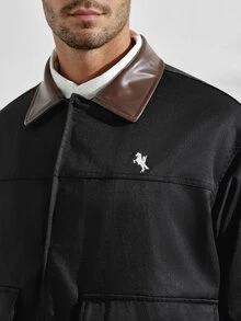 VeloEdit Men's Long Sleeve Woven Fashion Casual Loose Open Front Patchwork Jacket, Everyday Wear For Young, School, For Fall Winter Old Money - Black - View 7