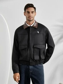 VeloEdit Men's Long Sleeve Woven Fashion Casual Loose Open Front Patchwork Jacket, Everyday Wear For Young, School, For Fall Winter Old Money - Black - View 3