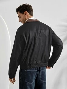 VeloEdit Men's Long Sleeve Woven Fashion Casual Loose Open Front Patchwork Jacket, Everyday Wear For Young, School, For Fall Winter Old Money - Black - View 4