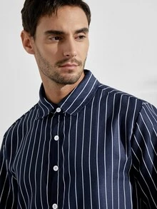 VeloEdit Men's Skin-Friendly Striped Long Sleeve ShirtFall Winter Formal - Navy Blue - View 7